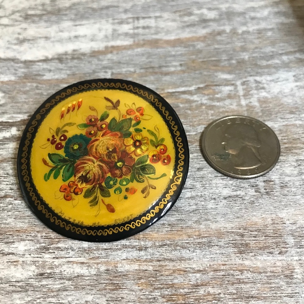 Vintage Russian Painted Floral Wooden Brooch
